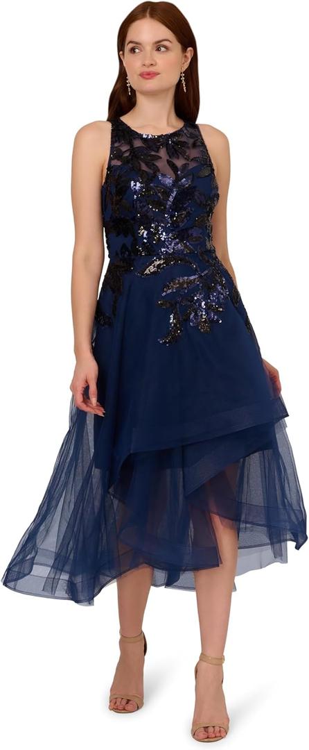 Adrianna Papell Women's Sequin Combo High-Low Dress, Navy/Black, 12