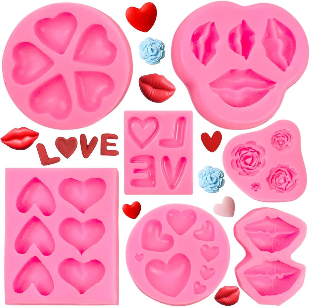 Rainmae 7Pcs Valentine's Day Silicone Molds, Flower Fondant Mold Love Letter Rose Lip Love Bear Heart Molds, Cake Decorating Cupcake Topper Polymer Clay Candy Chocolate Gum Paste Wedding Cake Baking