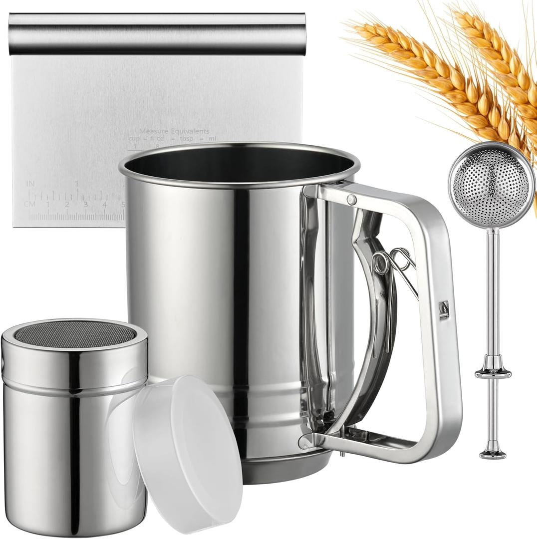 PIQUEBAR Flour Sifter - Fine Mesh Sifter Stainless Steel with Wire Loop for Baking,Flour Shaker Duster,Powdered Sugar Duster,Dough Cutter 4 in 1 Set (3 Cup)
