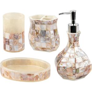 Milano Bathroom Accessories Set - 4 Piece Bathroom Accessory Set with Natural Mother of Pearl Shells - Decorative Bathroom Set Includes: Soap Dispenser, Toothbrush Holder, Tumbler and Soap Dish