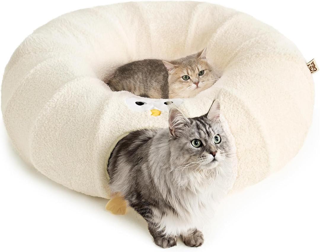 EHEYCIGA Cat Tunnel Bed for Indoor Cats, Cute Cat Donut Toy Tunnel for Small Large Cats with Washable Circle Cushion, Peekaboo Pet Cave Play Tunnel for Kitten, Puppy, Rabbit (Beige)