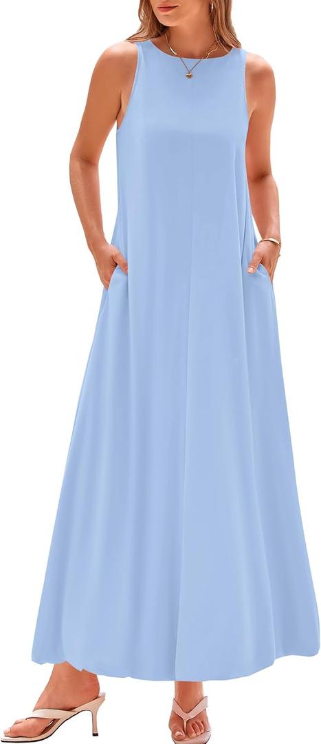 BTFBM 2025 Women Summer Vacation Dresses Sleeveless Crewneck Loose Beach Sundress Bubble Hem Tank Maxi Dress Pockets (Small, Light Blue)