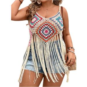 WDIRARA Women's Plus Size Floral Crochet Cami Top Boho Hollow Out Fringe Sleeveless Cover Up Tops (3X-Large Plus, Multicolor)