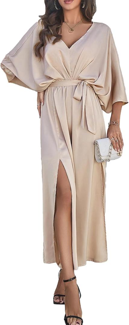 SEMATOMALA Women's Satin Batwing Sleeve Cocktail Evening A Line Long Dress V Neck Ruched Loose Maxi Dress XL