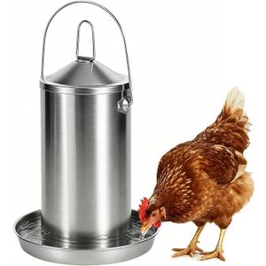 Automatic Chicken Waterer with Handle Heavy Duty Stainless Steel Gravity-Fed Chicken Water Dispenser Hanging Poultry Drinker Feeder for Ducks Chickens Geese Turkeys Parrots Pigeons Quails