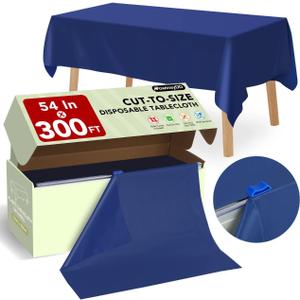 54 in X 300 FT Blue Plastic Table Cover Roll with Slide Cutter, Cuts Up to 36 Rectangle 8 Feet Disposable Plastic Table Cloths, Disposable Table Cover Roll for Dinning, Parties, BBQ, Wedding, Outdoor