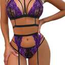 Avidlove Lace Garter Lingerie Set with Removable Choker Teddy Babydoll Strappy Bra and Panty Set (No Stockings) (Small, Black&purple)