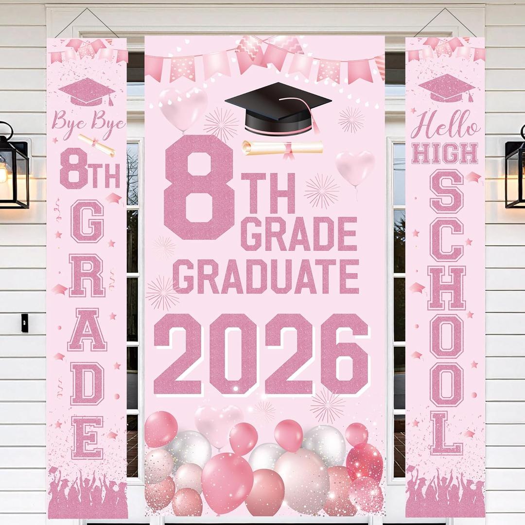8th Grade Graduation Decorations, Pink Graduation Banner and Door Cover Set, Bye Bye 8th Grade Hello High School Backdrop, Class of 2026 Party Decor for Girls Middle School Promotion Photo Booth