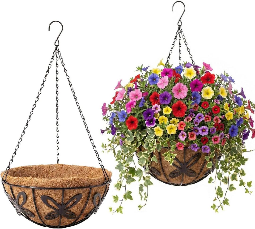 2 Pack Hanging Baskets for Plants Outdoor 10 Inch Butterfly Metal Hanging Planters with Coco Coir Liner, Round Hanging Flower Pots for Home Garden Patio Balcony Porch