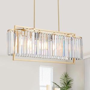 Majhoiw 33" Modern Chandeliers for Dining Room, Luxury Rectangle Gold Crystal 4-Light Kitchen Island Lighting Over Table, Linear Hanging Pendant Light Fixture for Living Room Entryway Foyer Hallway