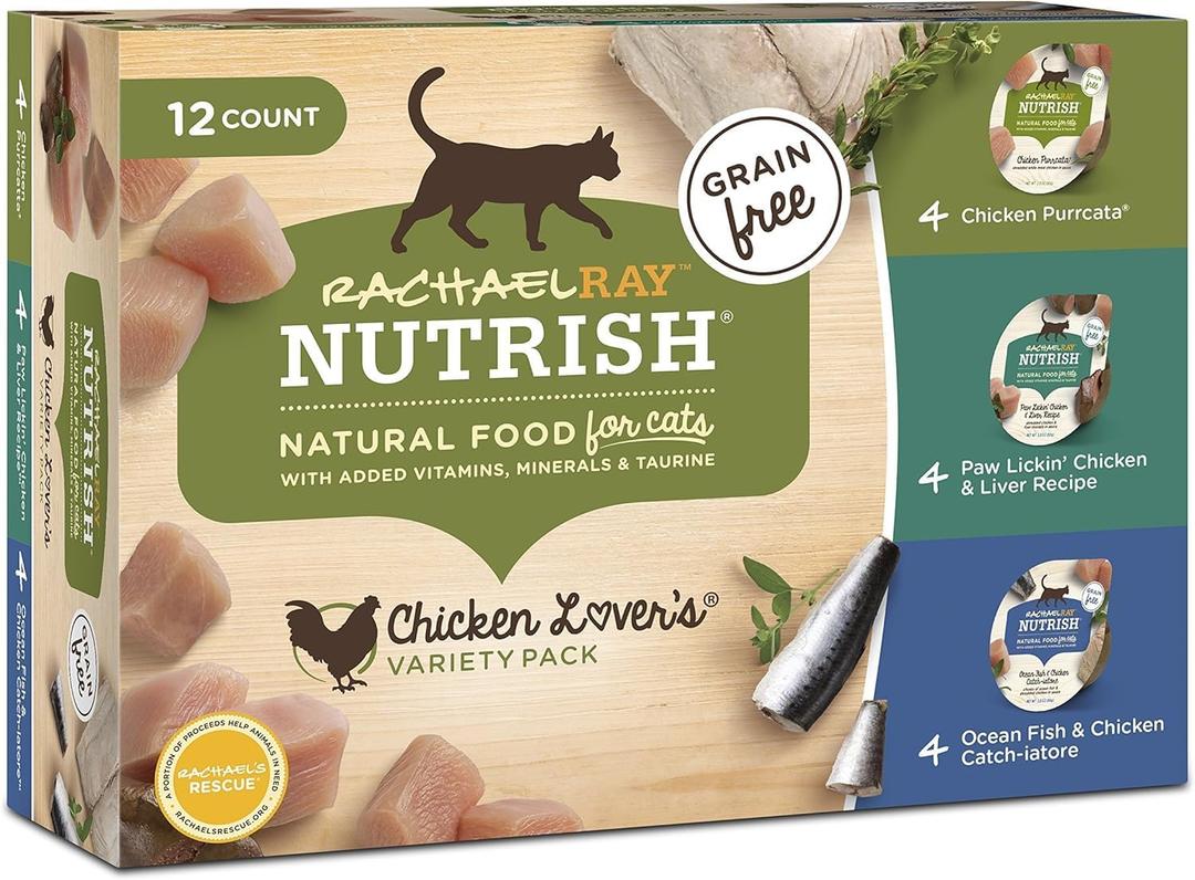 Nutrish Rachael Ray Natural Wet Cat Food, Chicken Lovers Variety Pack, 2.8 Ounce Cup (Pack of 12), Grain Free (EXP 09/18/25)