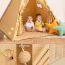 WIRHAO Teepee Tent for Kids with Mat, Cotton Canvas Kids Teepee with Pompom for Toddlers Indoor Play Tent for Girls Boys with Stars Lights, Carry Bag, Banner Flag (Khaki)
