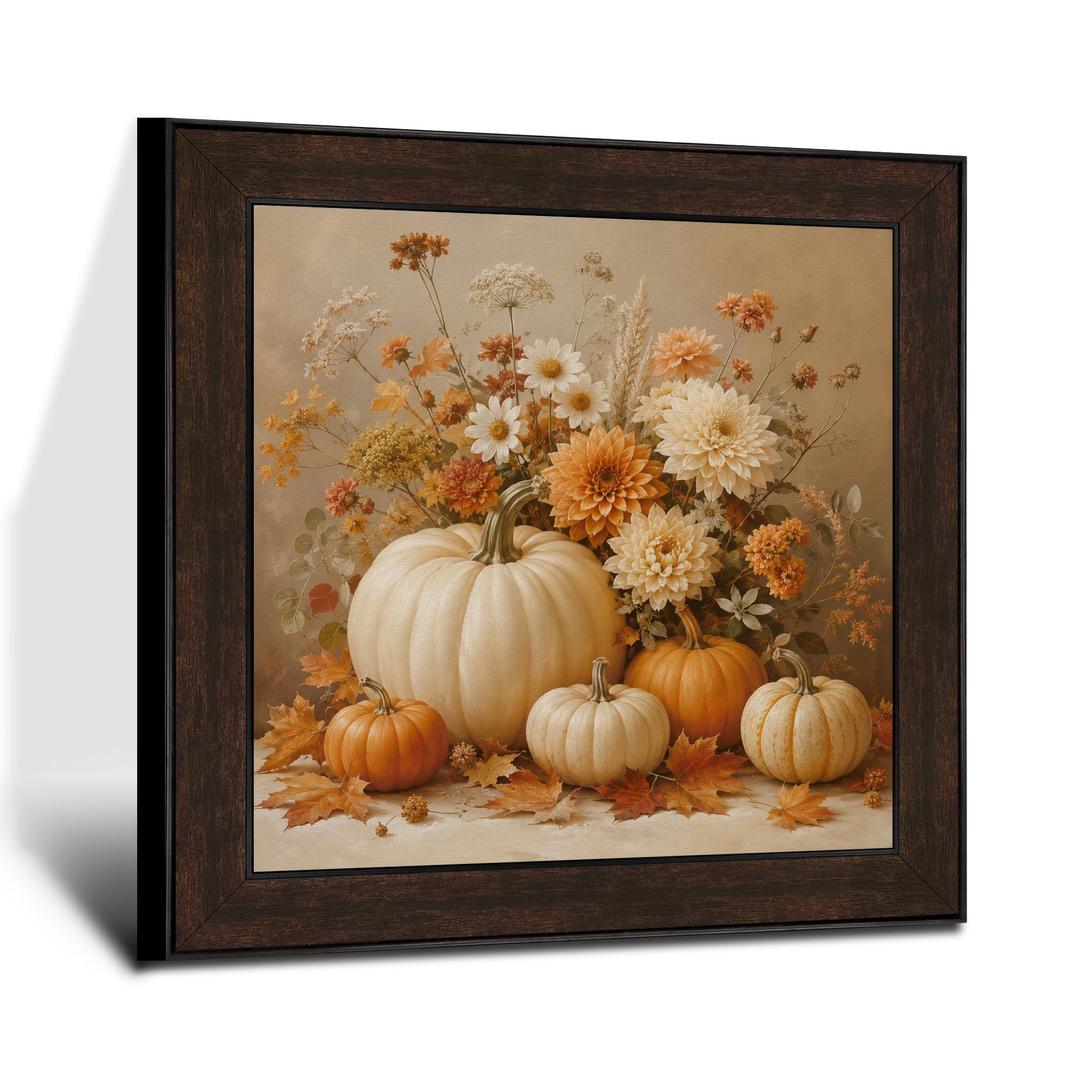 Puyfsdhg Fall Orange White Pumpkin Floral Wall Art Framed Rustic Farmhouse Autumn Pumpkin Botanical Canvas Prints Artwork, Thanksgiving Oil Paintings Wall Decor for Home Bedroom Room 20x20 Inch