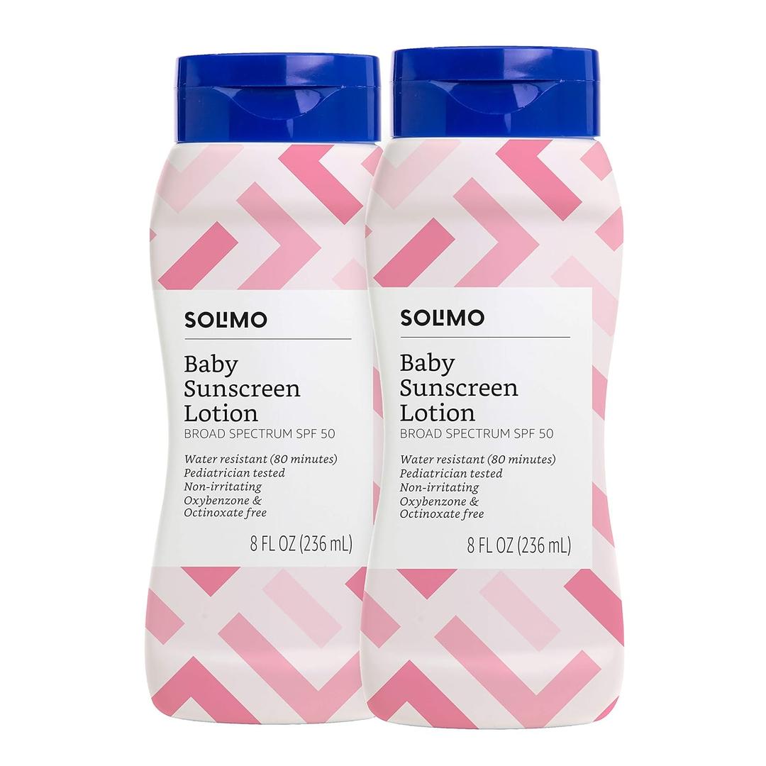 Amazon Brand - Solimo Baby Sunscreen, Reef Friendly (Octinoxate & Oxybenzone Free), unscented, 8 fl oz (Pack of 2)
