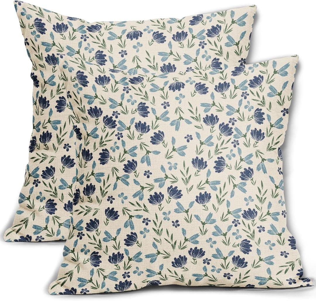 Green Teal Navy Blue Floral Pillow Covers 18x18 Set of 2 Vintage Rustic Old Style Cute Small Flower Print Decorative Outdoor Pillowcases Farmhouse Throw Cushion Case Decor for Couch Sofa Bed