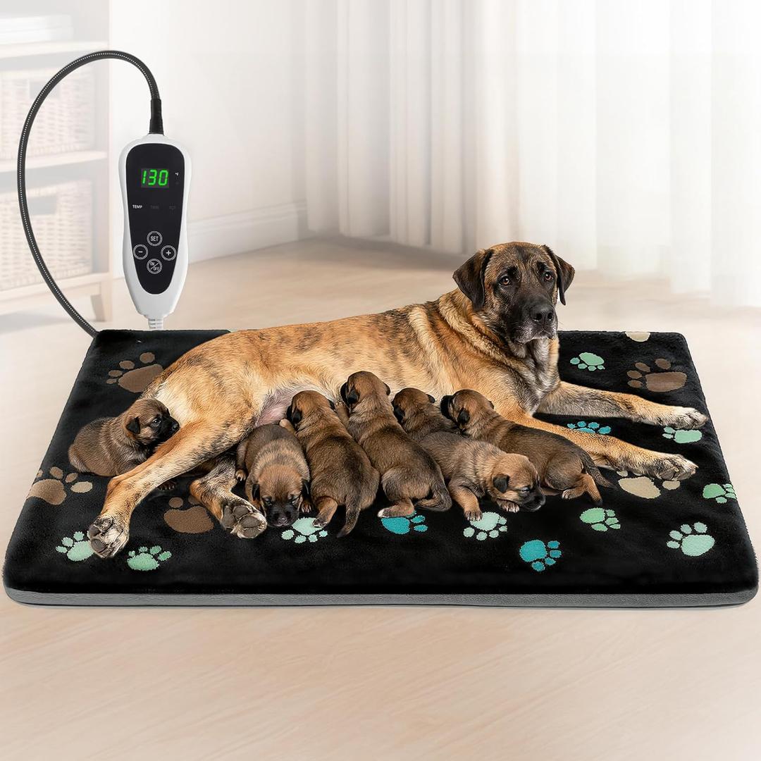 Extra Large Dog Heating Pad 47.0"L x 30.0"W x 0.5"Th in with Smart Thermostat Switch and Power Line Protection Tube,Obtained MET and UL Dual Certification,Waterproof Pet Heating Pad for Dogs-Black Paw Print