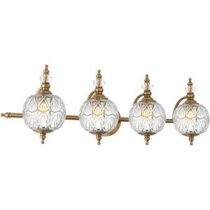 Brushed Gold Bathroom Vanity Light Fixture Vintage Style - 4 Light G9 Bulb Compatible, 30" Wide Bathroom Lighting Over Mirror with Hand-Etched Glass Shades, Easy Mount for Makeup Area