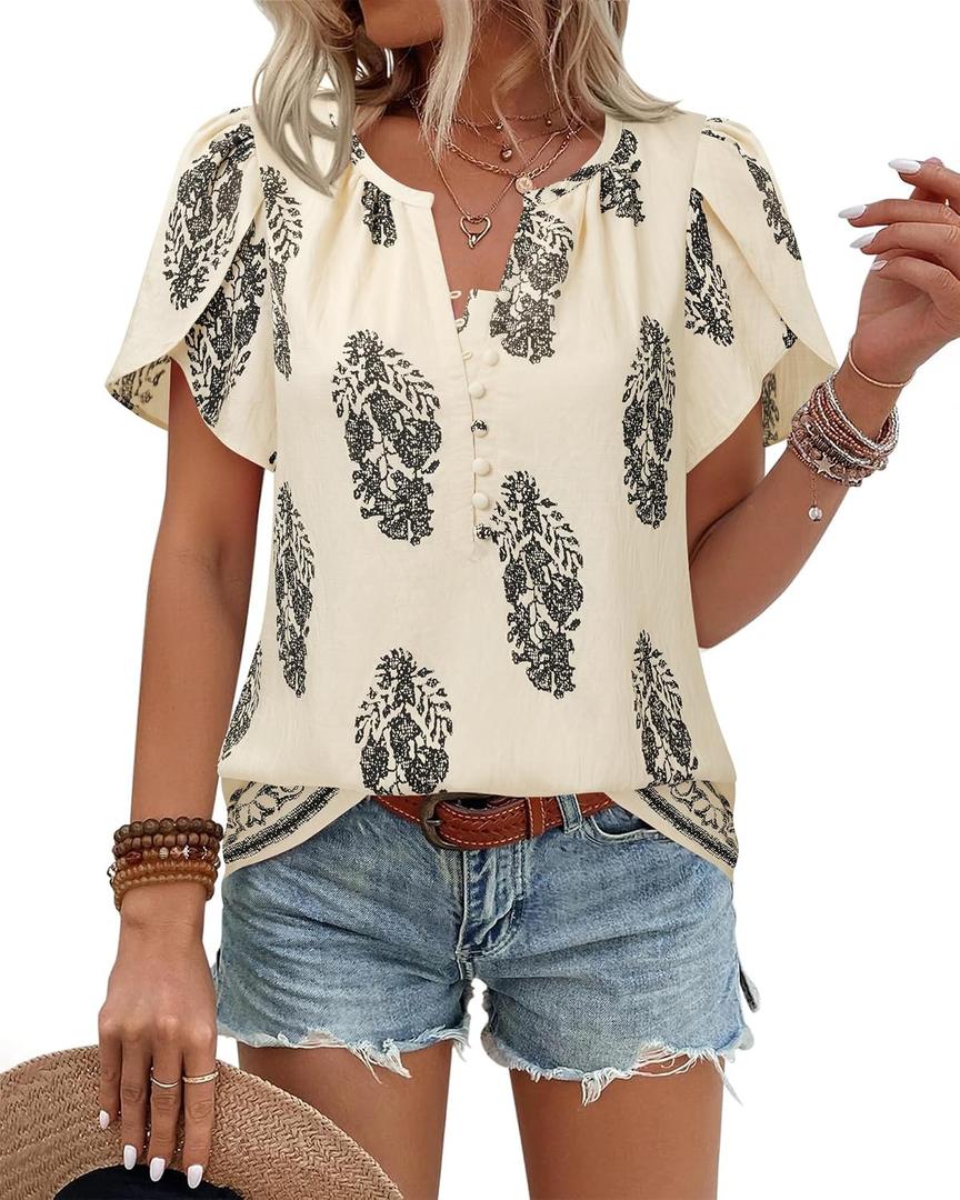 Timeson Womens Summer Tops Boho Short Sleeve Business Casual Blouses Button Down Floral Shirts Fashion Beach Vacation Clothes (XL)