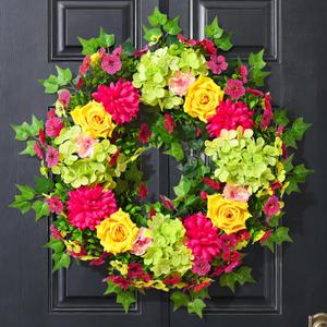 MARTINE MALL Spring Wreaths for Front Door 24 Inch Large Spring Summer Door Wreath Vibrant Colorful Hydrangea Rose Wreaths Artificial Flower Wreath for Indoor Outdoor Wall Farmhouse Porch Window Decor