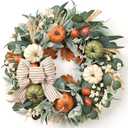 Waipfaru 22in Fall Wreaths for Front Door Outside, Fall Decorations for Home, Large Autumn Wreath with Bow Pumpkin Thanksgiving Halloween Farmhouse Outdoor Porch Table Kitchen Indoor Harvest Decor (Green)