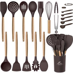 MIBOTE Silicone Cooking Kitchen Utensils Set with Holder, Wooden Handles BPA Free Non Toxic Silicone Turner Tongs Spatula Spoon Kitchen Gadgets Utensil Set for Nonstick Cookware (Coffee)