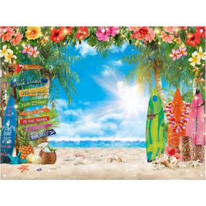 8x6ft Summer Hawaiian Beach Photography Backdrop Tropical Flower Palm Leaves Surfboard Background for Luau Aloha Party Decoration Banner Photo Booth