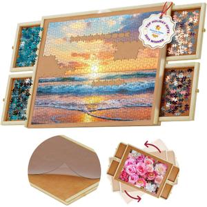 1000 Piece Wooden Jigsaw Puzzle Table - 4 Drawers, Rotating Puzzle Board | 30 X 22 Jigsaw Puzzle Board | Puzzles Cover Included - Portable Puzzle Tables for Adults and Kids by Beyond Innoventions