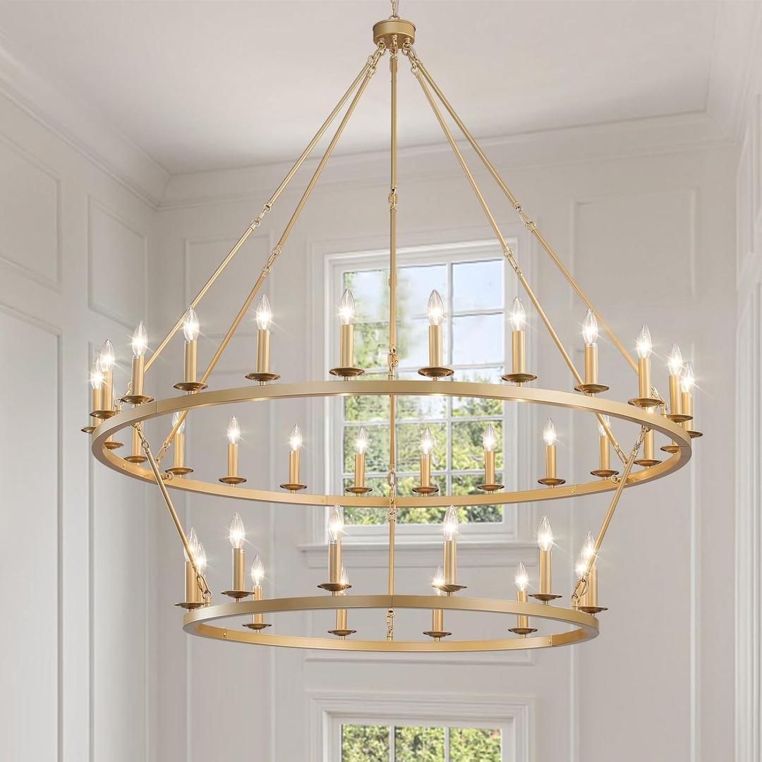 Gold Wagon Wheel Chandelier 2 Tier 53-Inch 36-Light,Extra Large Circle Rustic Farmhouse Light Fixture,Round Metal Chandeliers for Foyer Entryway Dining Room Living Room High Ceilings