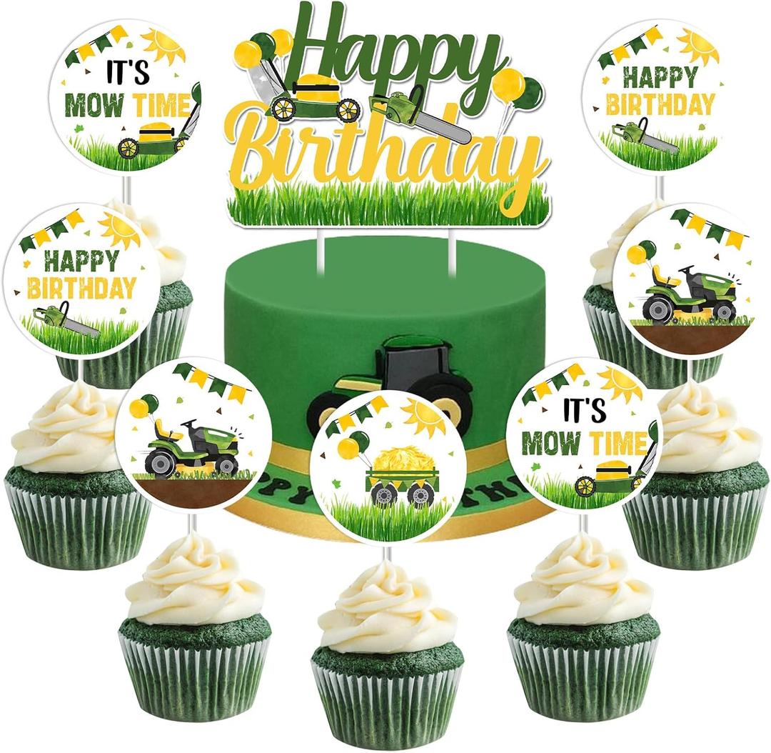 Lawn Mower Happy Birthday Cake Topper Decors Green Tractor Farm Themed Party Lawnmower Decorations It's Mow Time 1st 2nd 3rd Table Decor