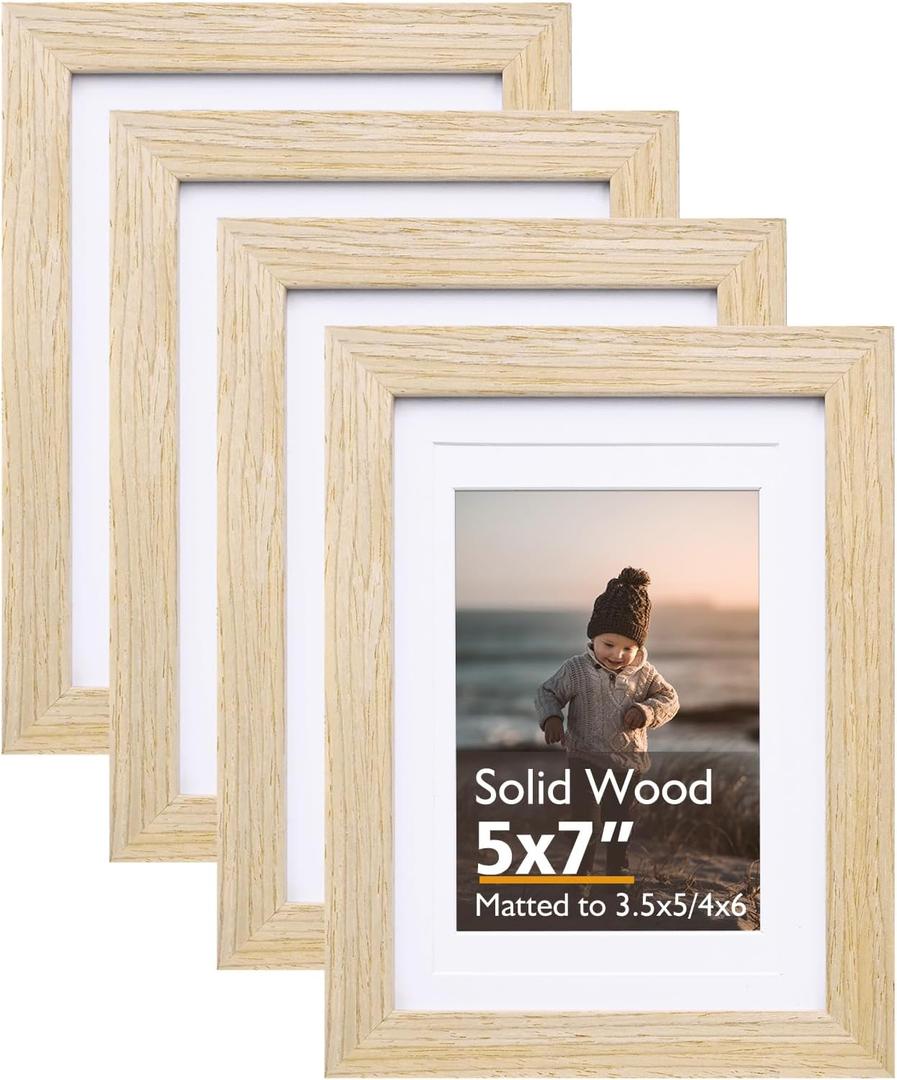 KINLINK 5x7 Picture Frame Natural, Solid Wood Frames with Acrylic Plexiglass for Pictures 3.5x5/4x6 with Mat or 5x7 without Mat, Tabletop and Wall Display Photo Frame, Set of 4