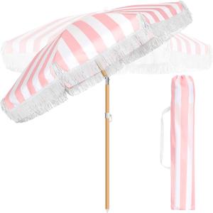 Talltalk 6 ft Outdoor Beach Patio Steering Umbrella with Fringe, Steel Pole, Steel Ribs and Carry Bag Elegant Table UPF 50+ UV Boho Umbrella for Outdoor Picnic Beach Backyard (Peach and White)