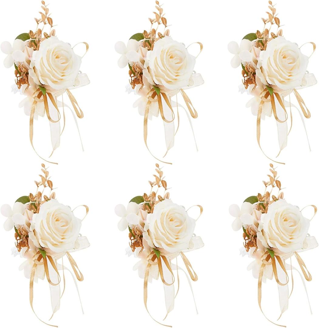 Rose Wrist Corsage for Girls Women Bride Bridesmaid, Set of 6, Champagne Hand Flower Wedding Artificial Flowers Accessories for Prom Party