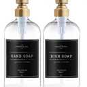 Vine Creations Clear Glass Soap Dispenser, 2 Pack Kitchen Soap Dispenser Set with Stainless Steel Pump, 16 oz Dish Soap and Hand Soap Dispensers for Bathroom with Waterproof Labels