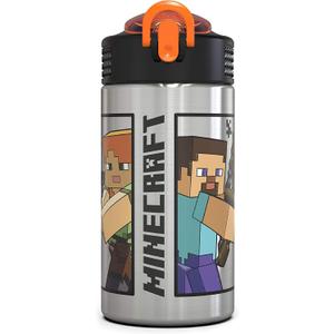 Zak Designs Minecraft - Stainless Steel Water Bottle with One Hand Operation Action Lid and Built-in Carrying Loop, with Straw Spout is Perfect for Kids (15.5 oz, 18/8, BPA-Free)