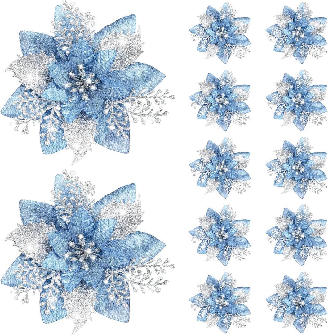 12 Pieces 5.7 Inch Christmas Poinsettia Flower Christmas Glitter Artificial Flower with Clips Xmas Tree Ornament for Wreath Garland Party Decor (Sky Blue)