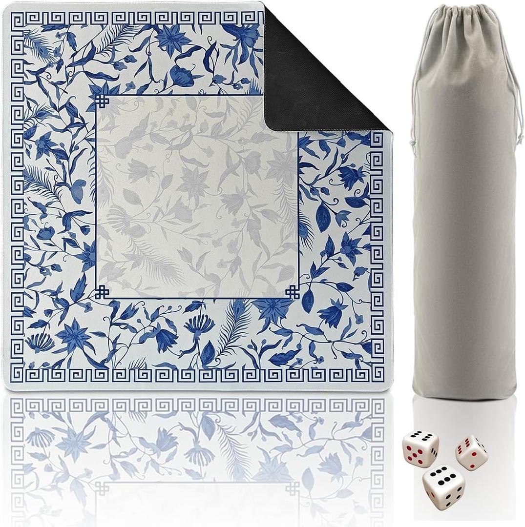Mahjong Mat for Table,Neoprene Anti-Slip Noise Reduction Gaming Mat,Gift Box with Carrying Bag & 3 Dice for Card, Board Tile Games (Chinoiserie, 31.5")