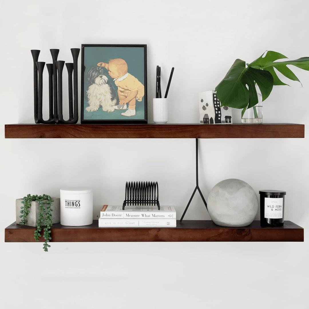 Homeforia Walnut 36 inch Floating Shelf, High End Solid Real Wood 36inch Large Shelves for Bathroom Wall, Dark Brown 36 inches Long Floating Shelves, Heavy Duty Bracket, 36 X 6.5 X 1.75 inch, Set of 2 (American Walnut - Satin Dark Tone)