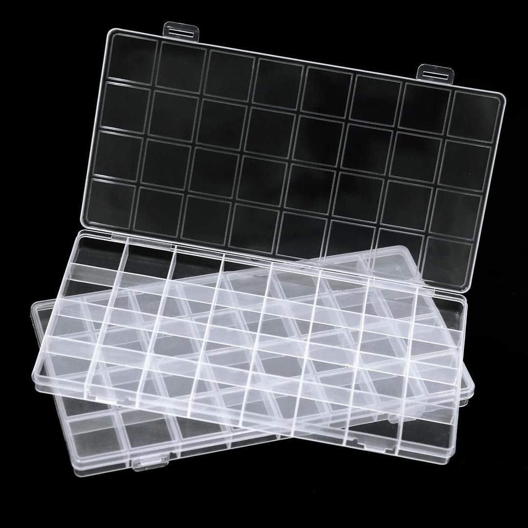 GREENTIME 2 Pack 32 Grids Clear Plastic Storage Organizer Boxes, Diamond Painting Containers, Bead Storage Containers for Small Hardware Small Parts Crafts Jewelry