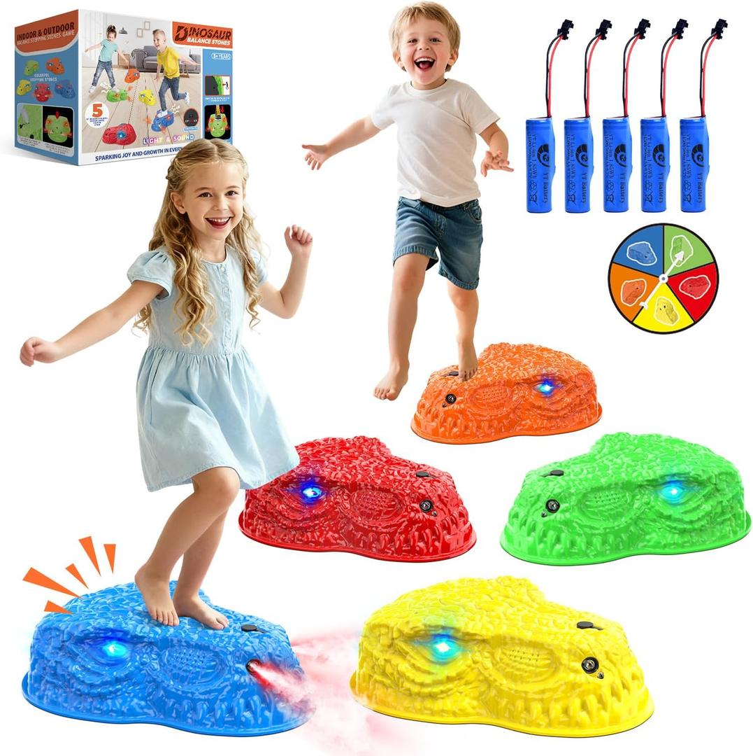Dinosaur Toys for Kids 3-5, Mist Spraying Dino Roaring & Light up Stepping Stones for Kids, Indoor & Outdoor Durable Non-Slip Sensory Balance Stones with 5 Rechargeable Batteries, Gift for Toddlers