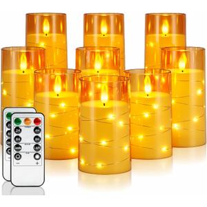 Homemory 9 Pcs Flameless Candles with Embedded Star String Fairy Lights, Battery Operated Candles, LED Candle, Fake Candles with Remote Control and Timer (Gold)