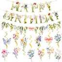 SUNBEAUTY Wildflowers Butterfly Birthday Decorations Garden Flower Happy Birthday Banner with Floral Hanging Swirls Wildflower Party Decorations for Women Girls Baby Shower Wedding Tea Party