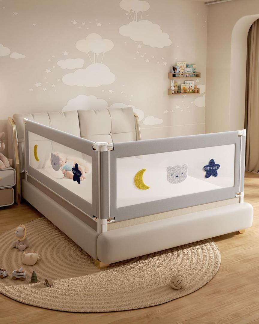 2 Piece Bed Rails for King Size Bed, No-Drill Needed Baby Bed Rail Guard for Toddlers with Height Adjustable, Thickened Child Safety Side Railing Guards/Bedrail for Kids, Grey Star, 74.8x78.7Inches