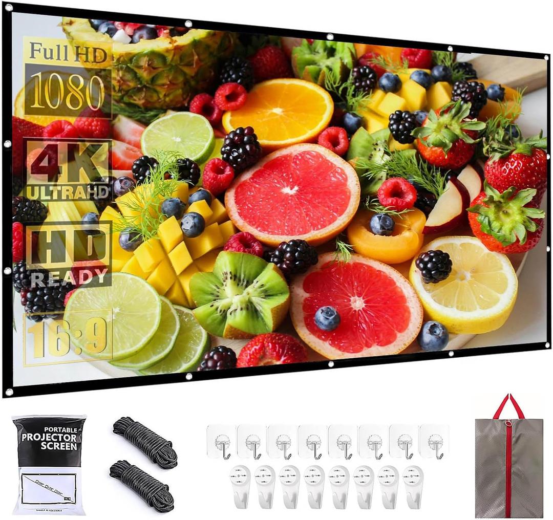 Projector Screen 84 Inch Portable Movie Screen for Outdoor Indoor 16:9 Foldable Wrinkle-Free 1.1 GAIN,160Viewing,Support Front Rear Projection with 8 Sticky Hooks & 8 Nail Hooks (84 INCH)