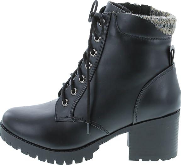 Soda Single Lug Sole Chunky Heel Combat Ankle Boot Lace up w/Side Zipper (Black Pu, 9)