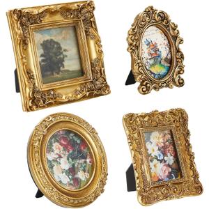 Qunclay 4 Pcs Small Vintage Picture Frame Round Rectangle Gold Ornate Antique Picture Frames for Tabletop Display Wall Hanging Home Decor(5.7" X 4.7",5.7" X 5.7",3.9" X 4.7",6.7" X 6.7")