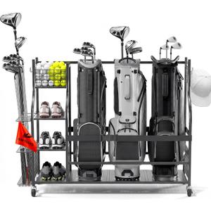 Golf Bag Storage Rack for Garage, Heavy Duty Golf Organizer with 3-Tier Storage Shelf, Golf Club Stand Holder for 2-3 Bags, Balls, Shoes & Accessories, Metal Golf Equipment Storage Organizer, 3-Bag Capacity