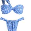 ZAFUL Women's One Shoulder Bikini Twisted Ruched High Cut Bandeau Bikini Set Two Piece Swimsuit (Large, 4-floral Blue)