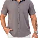 Men's Short Sleeve Button Down Shirts Casual Blending Beach Shirt with Chest Pocket Classic Fit Summer Tops (Gray, S)