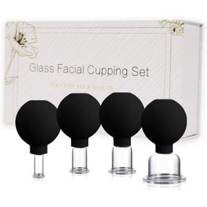 4PCS Glass Facial Cupping Set, Anti Aging Face Cupping Cups for Face & Neck Lift, Glowing Skin - Rejuvenation, Lymphatic Drainage, Facial Vacuum Suction Cups (Black)