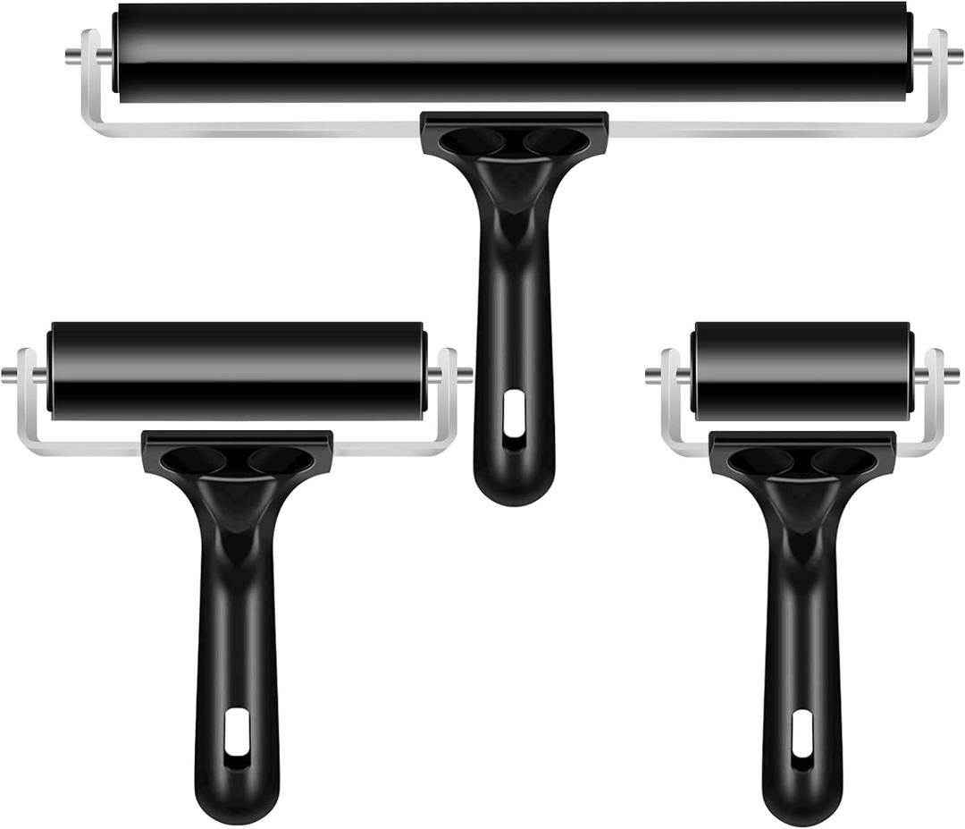 3 Pack Printmaking Brayers - Premium Brayer Rollers for Crafting, Hard Rubber Roller Brayers, Vinyl Roller Ink Paint Brush for Wallpapers Stamping Gluing Application (2.4, 4, 7.9) (Black)